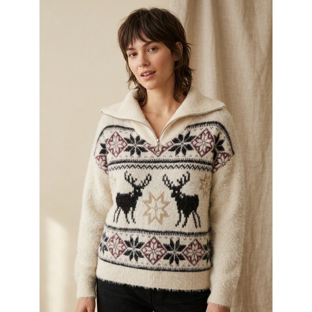Fuzzy Fair Isle Reindeer White Birch Eyelash Knit Sweater Size XL Extra Large
